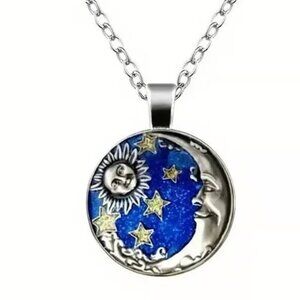 Silver CELESTIAL Sun Moon Glass Cabochon Pendant Necklace